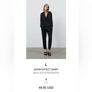 Zara Satin Effect Button Down Long Sleeve size Large in Black